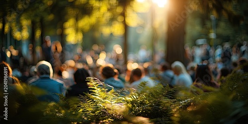 Gathering of people in a park at sunset, with dappled sunlight