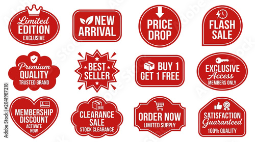 Collection of Red Sale and Discount Tags and Labels with Various Promotional Text and Graphics