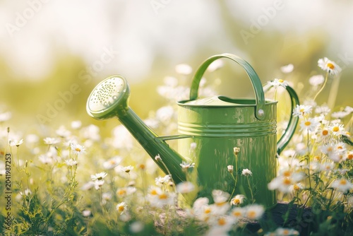 Garden background. Watering can and flowers on a green grass. Picturesque backyard lit by sunshine. Gardening summer tasks. Outdoor horticulture tools ready for plant care. Inspiration image. Banner