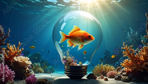 Vibrant Orange Goldfish Floating Inside Glass Light Bulb on Underwater Coral Reef