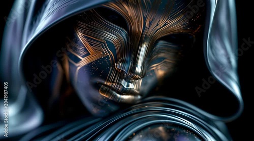 mysterious digital identity with golden circuit face, futuristic hooded cyber avatar with glowing technology, anonymous crypto figure with luminous data network