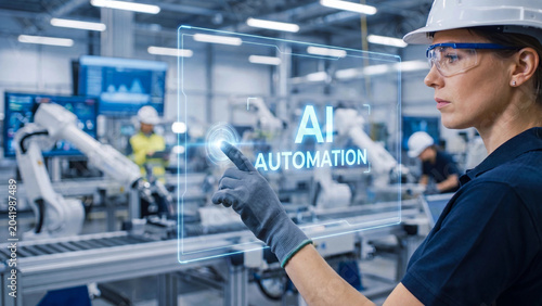 Female engineer activating AI automation holographic interface in smart factory with robotic arms assembly line for artificial intelligence industrial manufacturing technology