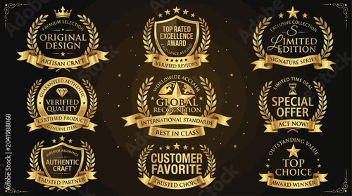 Collection of golden award badges and seals for product quality, customer satisfaction, and special offers