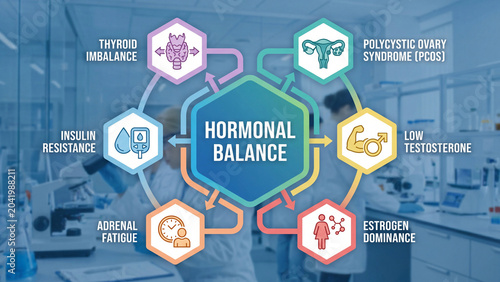 Hormonal balance medical infographic in laboratory setting showing thyroid imbalance PCOS insulin resistance low testosterone estrogen dominance and adrenal fatigue conditions