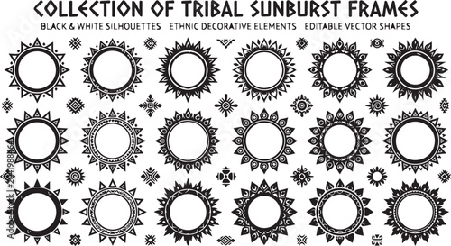 Set of tribal sunburst circular frames and decorative ethnic elements with sunburst silhouette decorative ornament abstract geometric cultural circular