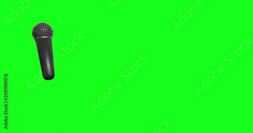 A sleek black microphone dynamically animates, appearing, moving, and exiting a vibrant green screen. This versatile animation is perfect for compositing into your production.