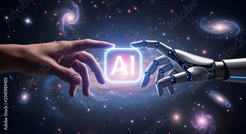 Robotic and human hands reaching towards glowing artificial intelligence symbol isolated on with artificial, technology