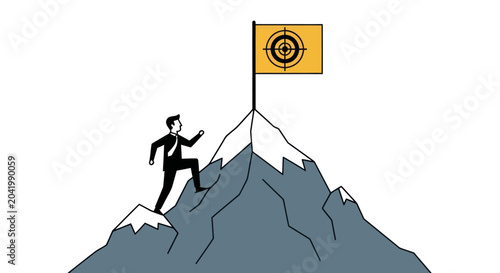 Schilderij op canvas Businessman climbing mountain to reach goal target flag.