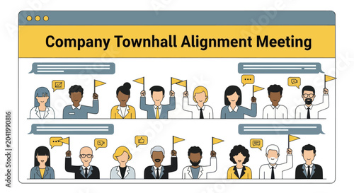 Cuadro en lienzo Group of employees participating in virtual company townhall meeting