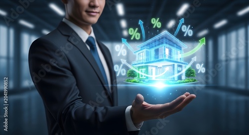 Businessman displaying a glowing digital model of a house with financial percentage symbols isolated on transparent