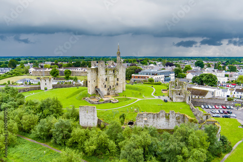 Aerial view of Trim Castle in County Meath, Ireland. The great Anglo Norman fortress rising above the River Boyne beside the medieval heritage town of Trim.
