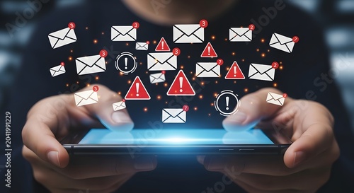 Hands holding smartphone displaying multiple spam email and danger notifications isolated on with smartphone, security
