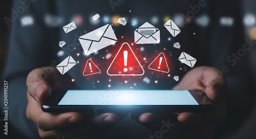 Hand holding smartphone featuring cyber email security alert icons isolated on smartphone security phishing internet