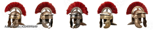 Foto Collection of metallic Roman centurion helmets with prominent red horsehair crests, shown from multiple angles isolated on a clean white background for historical graphics