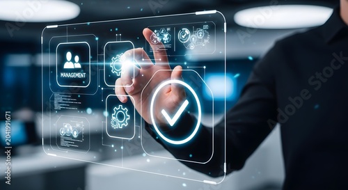 Business professional interacting with digital workflow management interface isolated on business professional