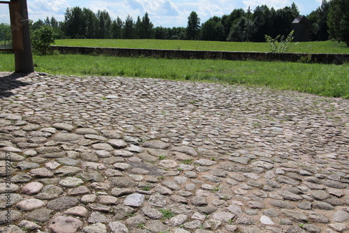 A rustic cobblestone path leads to a serene green field under a clear blue sky.