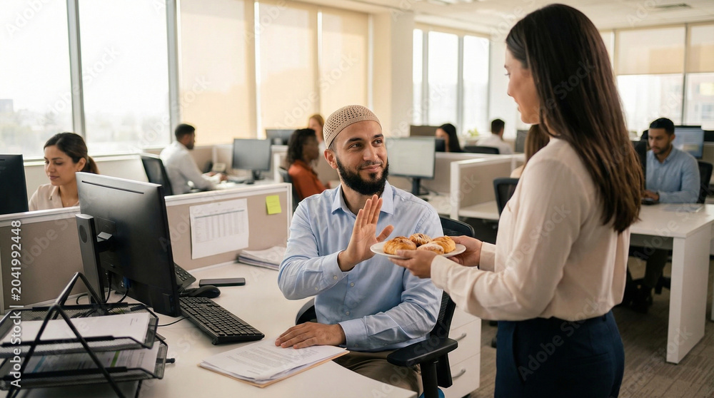 Fototapeta premium Muslim Man in Office Politely Declines Pastries Offered by Colleague