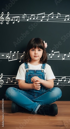 Young Girl Sitting Cross Legged Against Musical Note Chalkboard Background