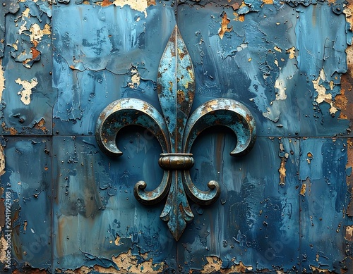 Weathered Metal Fleur De Lis Emblem Mounted on Peeling Blue Painted Wall