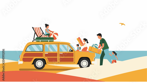 Family on summer vacation loading car with luggage on beach