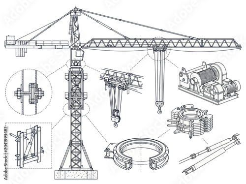 Foto Detailed blueprint of a tower crane and its essential mechanical components