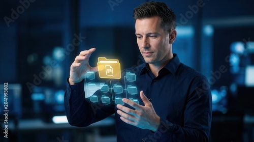 A businessperson organizing digital files and folders through a digital archive and retrieval system.