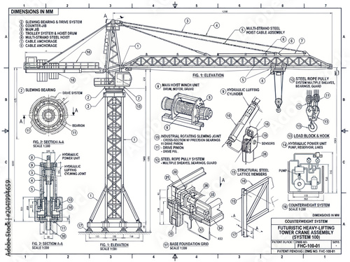 Fotografia Detailed Engineering Blueprint of a Tower Crane Assembly System.