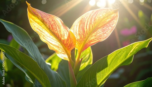 Backlit Orange Canna Lily Leaves Glowing in Sunlit Garden