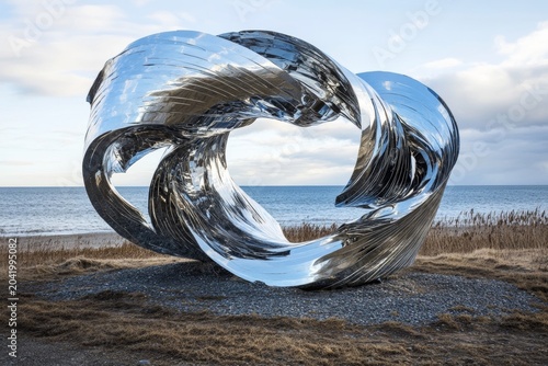 Contemporary Monument Showcases Swirling Metal Reflecting Clouded Sky Over Sandy Coastline