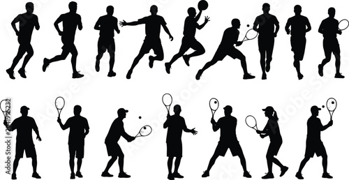 Tableau sur toile Set of tennis player silhouettes in dynamic action poses isolated on white backg