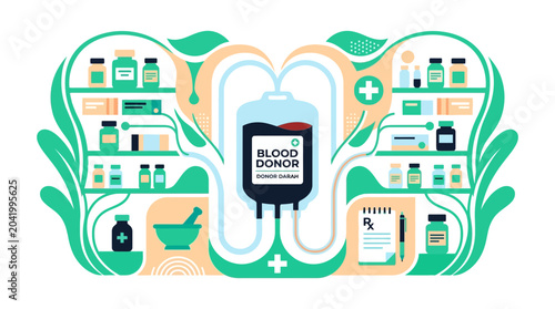 Obraz na plátně Blood Donation Concept: Bag with Blood, Pharmacy Shelves, Mortar and Pestle
