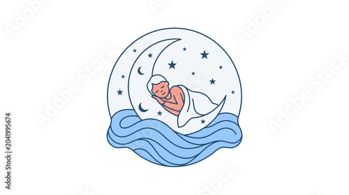 Schilderij op canvas Baby sleeping on moon with stars and waves, dreamland illustration