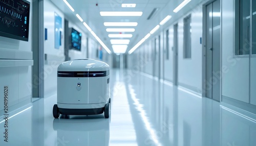 Autonomous White Delivery Robot Standing in Bright Modern Hospital Corridor