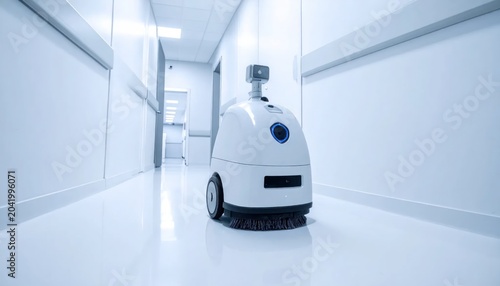 Autonomous White Cleaning Robot Standing in Bright Modern Hospital Corridor