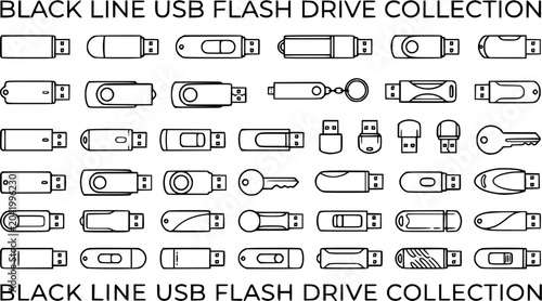 Black line USB flash drive vector set, portable data storage devices in various designs isolated on white background, technology illustration