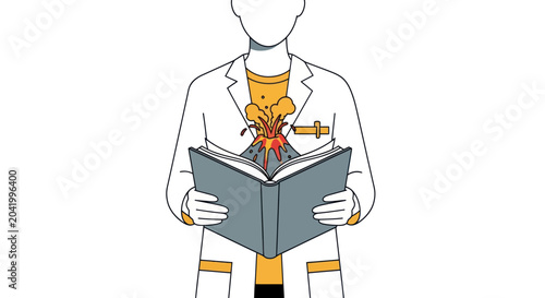 Foto Scientist holding open book with erupting volcano illustration inside