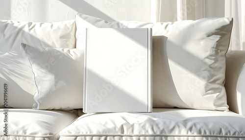 Blank white book cover resting on a cushioned sofa with soft natural light and shadows, ideal for book mockups, design templates, and interior decor concepts.