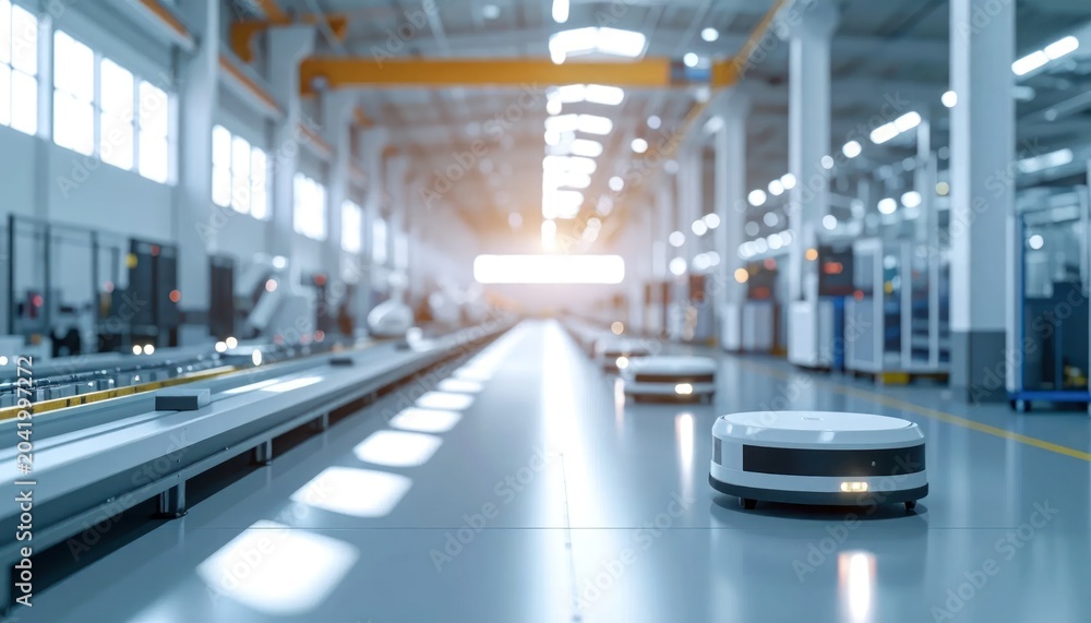 Fototapeta premium Autonomous Warehouse Robot Moving Through Bright Modern Factory Interior