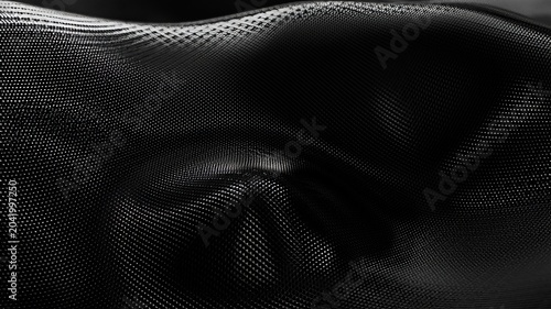 Abstract dark mesh surface creating a wave-like pattern, representing global networking, artificial intelligence, technology, and future digital data concepts with a dark render