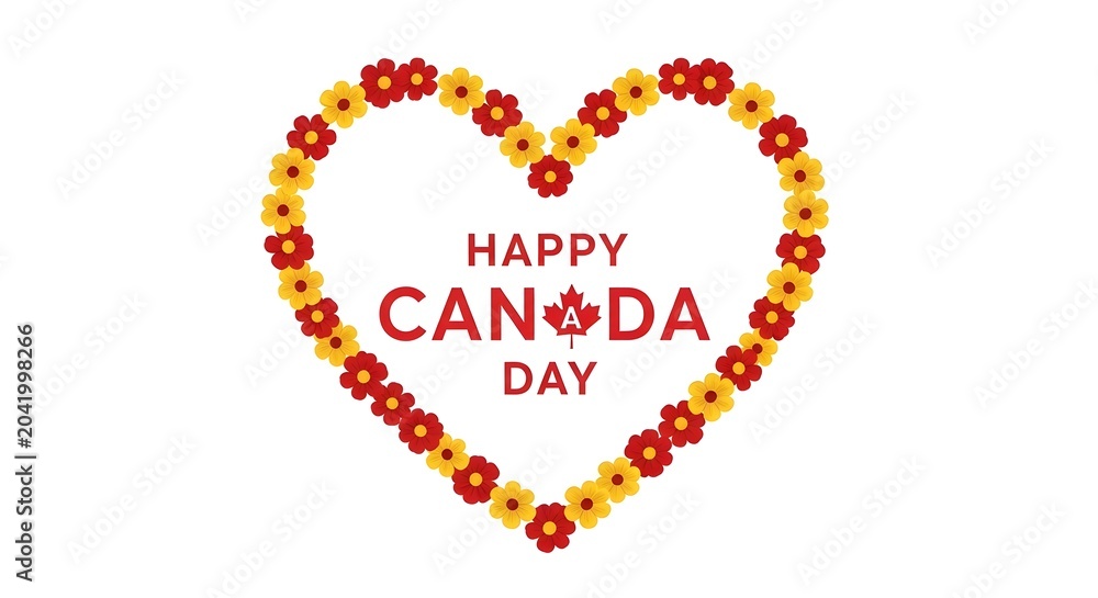 Fototapeta premium Happy canada day greeting card design with a heart shape made of red and yellow flowers isolated on white background