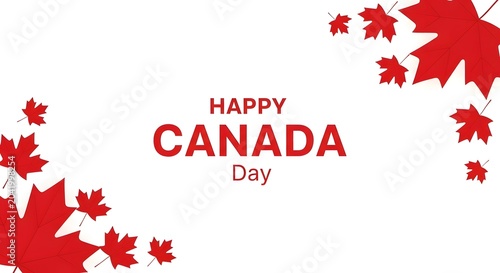 Happy canada day text with falling red maple leaves isolated on white background
