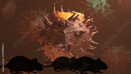 Rats moving across a dark foreground with a large coronavirus cell in the background, illustrating the concept of zoonotic disease transmission and pandemic threats