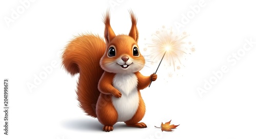 Cute cartoon squirrel holding a sparkling firework isolated on white background
