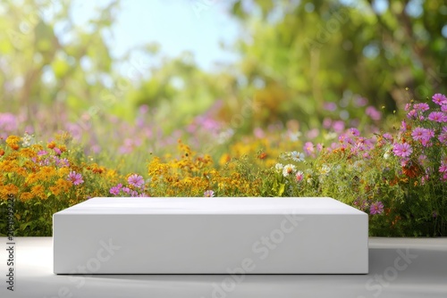 Round podium surrounded by summer flowers. Background scene empty concrete platform. Beauty product display. Organic Natural concept. Mock up, Spa. White spring table. 3D Mockup branding, packaging