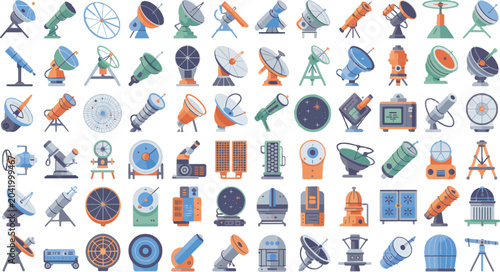 Astronomy and space exploration icons set, flat vector satellite dishes and telescopes, 70 science observatory equipment elements for cosmic research