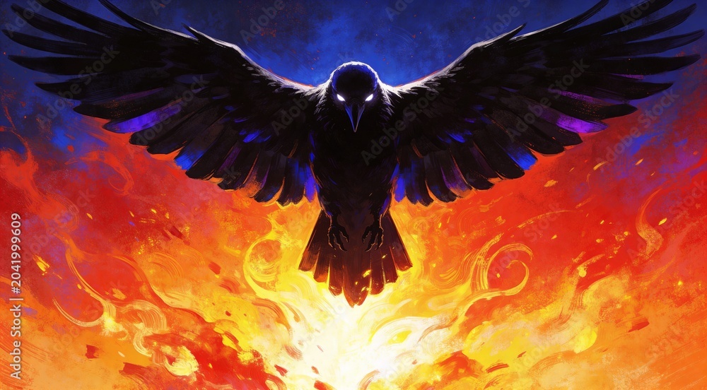 Obraz premium Majestic black raven soaring above fiery abstract background