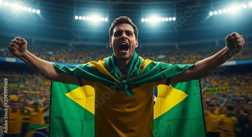 Brazilian soccer fan, excited supporter, green and yellow jersey, stadium crowd