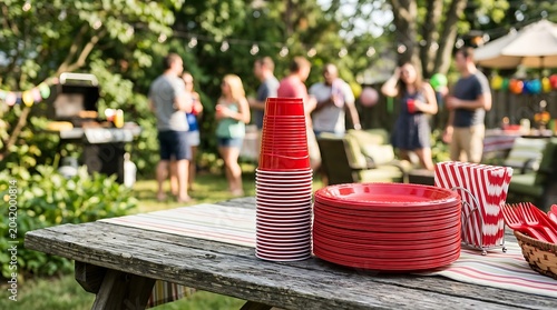 Red Disposable Cups and Plates Arranged on Wooden Picnic Table at Backyard Party
