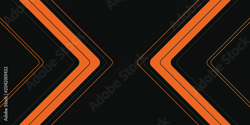 Modern black and orange abstract background with dynamic geometric arrow shapes and thin lines. Dark futuristic tech texture for gaming banners, automotive sports, and creative digital headers.