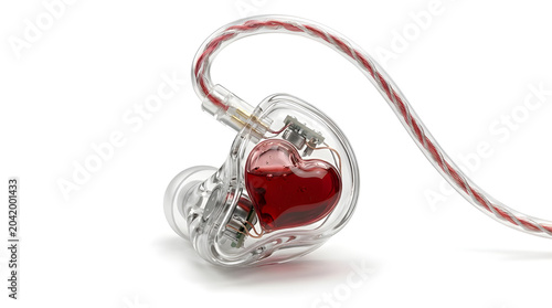 A clear custom inear monitor with a red heart shaped chamber and red and white cable on a white background